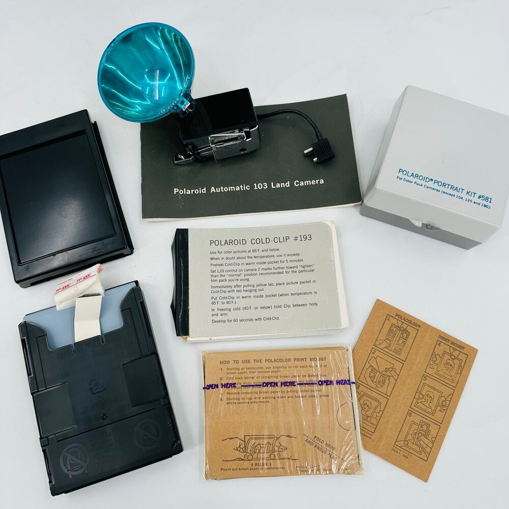 Vintage Polaroid Flash Gun 268 + Portrait Kit 581 + Film & Holder FP-100C + More